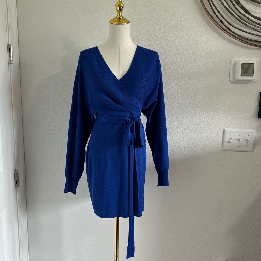 Elegant Blue Wrap Sweater Dress